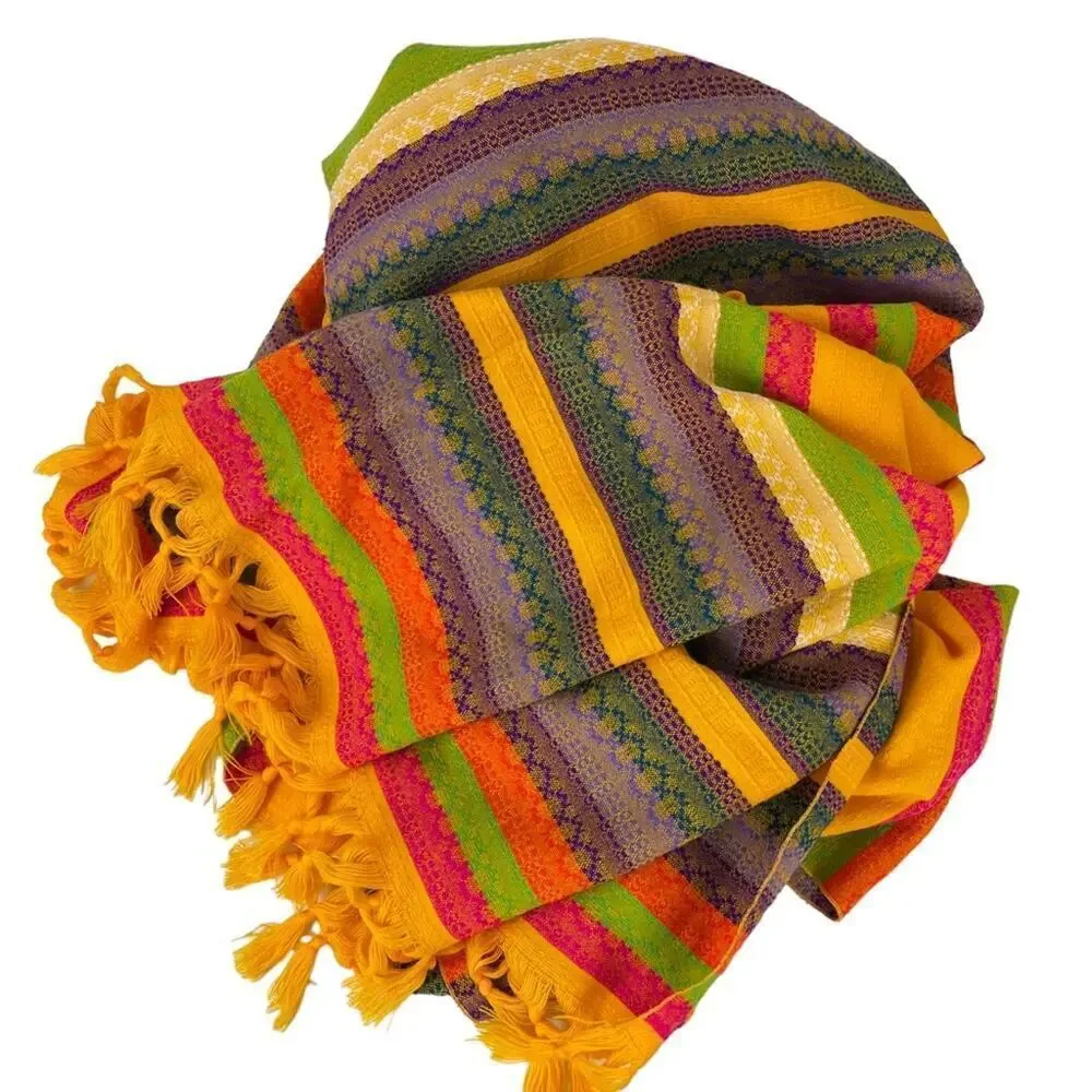 Ethnic Throw Boho Blanket Fringe Tassel Edge Multi Stripe Knit Accent Throw